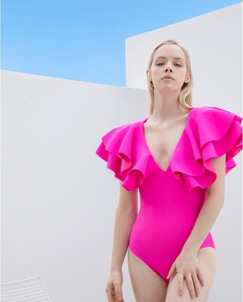 23年新作 ローズピンク 3カラー セクシー ワンピース水着 ビキニ つなぎ水着 イエロー ピンク 可愛い M L XL つなぎ -f2305 フリル