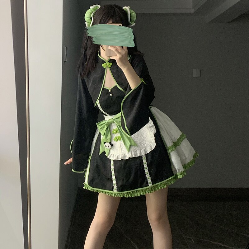 中華ロリータ チャイナ風ミニワンピースセット コスプレ ロリータワンピース コスチューム メイド服 jsk 文化祭 ボウタイ ゴスロリ