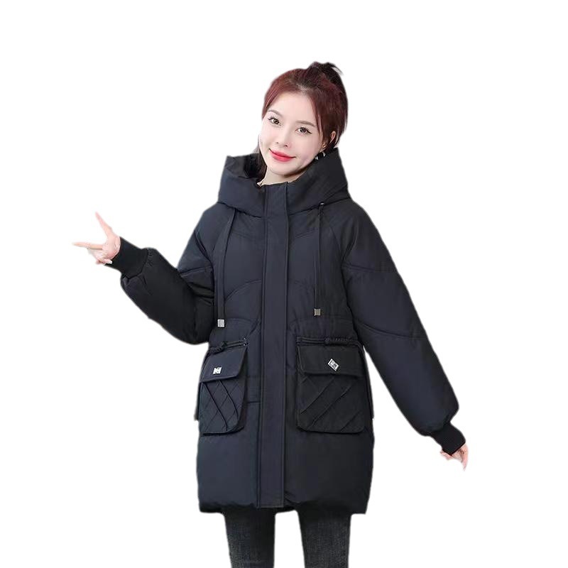 パンコートダウンコットンコートレディースコートミドル丈厚手コットンジャケット23新作ファッションフード付き婦人服