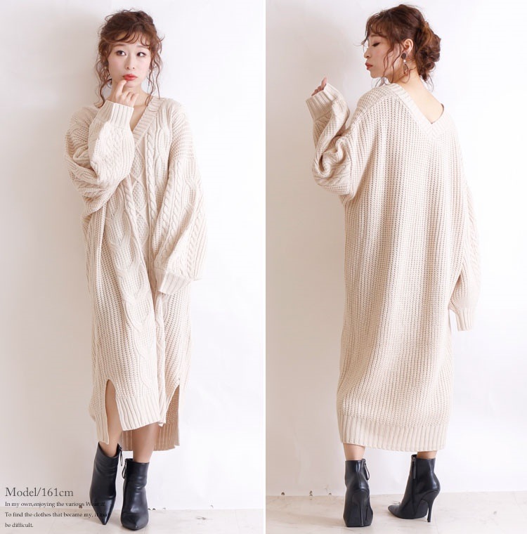 ケーブル編みニットワンピース 大きいサイズ レディース ワンピース ワンピ ニットワンピース ニットワンピ バルーンワンピース ニット スリット バルーン 長袖 Vネック ケーブル編み ミディアム 膝