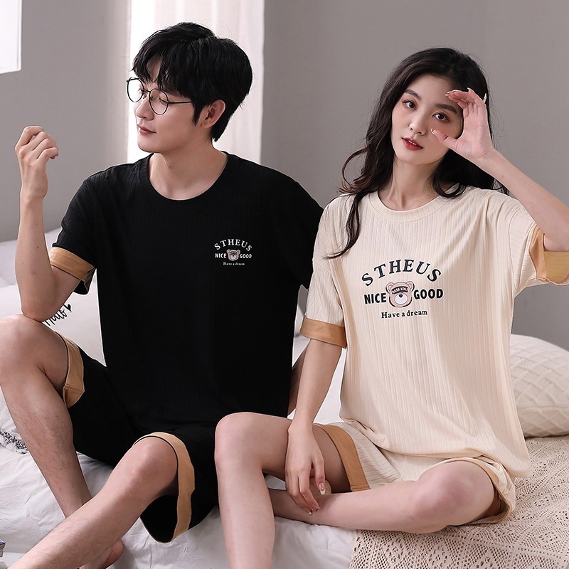モーダルカップルパジャマ夏半袖 2024 新しい女性と男性の夏アイスシルクホーム服セット モーダルカップルパジャマ夏半袖 2024 新しい女性と男性の夏アイスシルクホーム服セット
