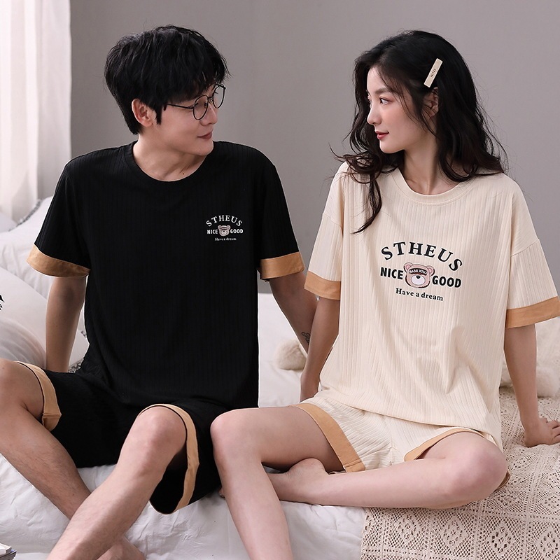 モーダルカップルパジャマ夏半袖 2024 新しい女性と男性の夏アイスシルクホーム服セット モーダルカップルパジャマ夏半袖 2024 新しい女性と男性の夏アイスシルクホーム服セット