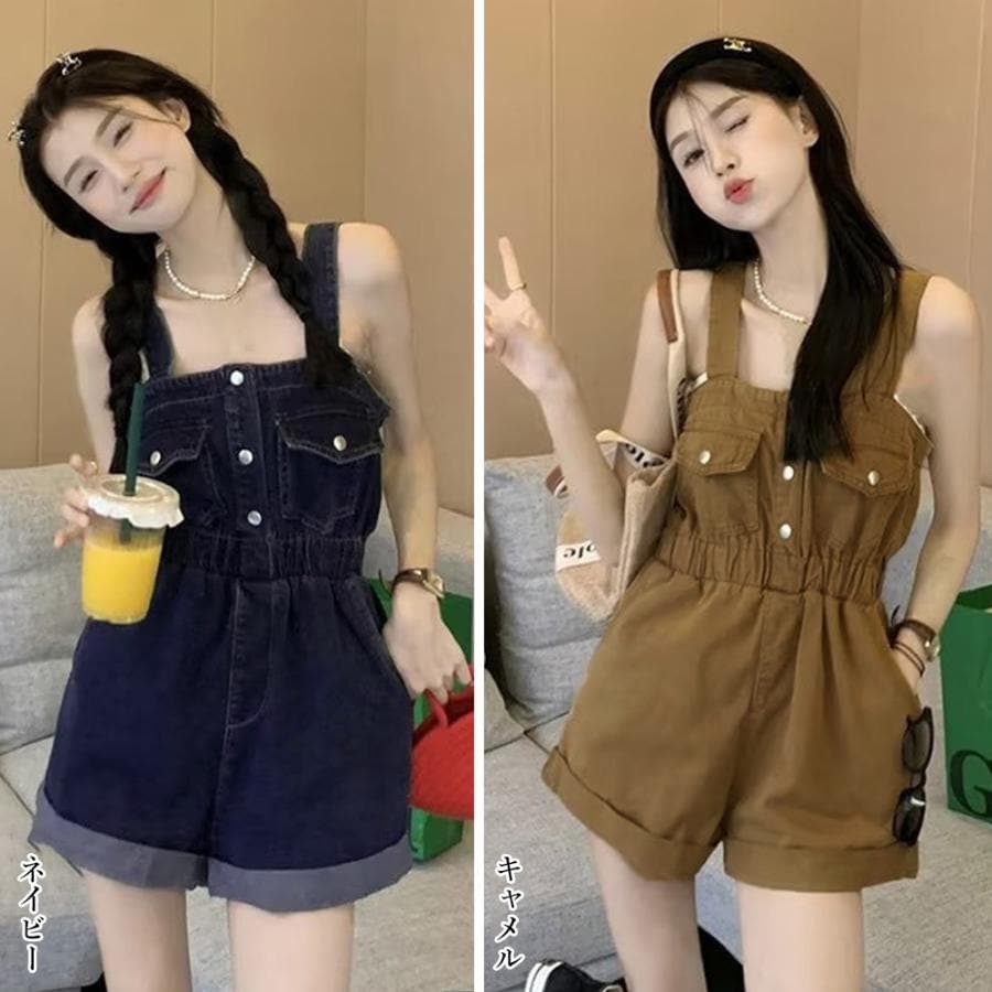 デニムサロペットショート丈オールインワン【ネコポス可】 デニムサロペットショート丈オールインワン【ネコポス可】