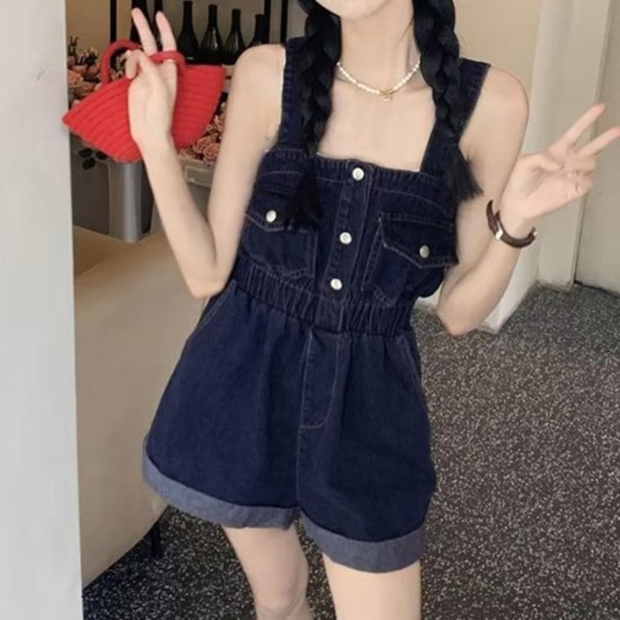 デニムサロペットショート丈オールインワン【ネコポス可】 デニムサロペットショート丈オールインワン【ネコポス可】