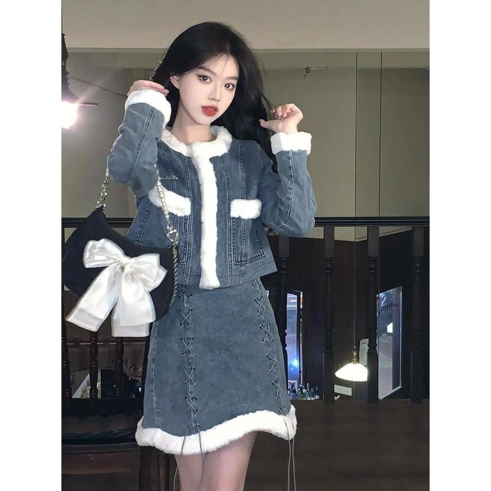 高級感 ファッション 秋冬 きれいめ セットアップ レディース デザイン ショート丈コート+デニムミニスカート 暖かい 高級感 ファッション 秋冬 きれいめ セットアップ レディース デザイン ショート丈コート+デニムミニスカート 暖かい