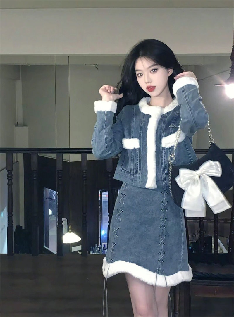 高級感 ファッション 秋冬 きれいめ セットアップ レディース デザイン ショート丈コート+デニムミニスカート 暖かい 高級感 ファッション 秋冬 きれいめ セットアップ レディース デザイン ショート丈コート+デニムミニスカート 暖かい