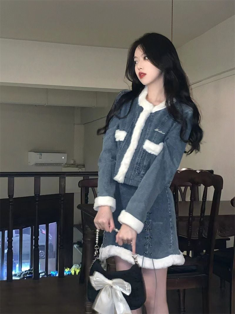 高級感 ファッション 秋冬 きれいめ セットアップ レディース デザイン ショート丈コート+デニムミニスカート 暖かい 高級感 ファッション 秋冬 きれいめ セットアップ レディース デザイン ショート丈コート+デニムミニスカート 暖かい