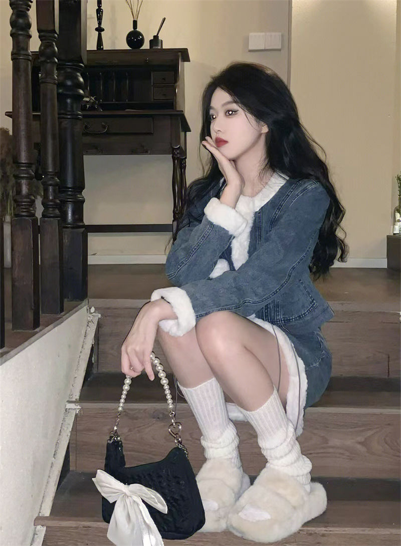 高級感 ファッション 秋冬 きれいめ セットアップ レディース デザイン ショート丈コート+デニムミニスカート 暖かい 高級感 ファッション 秋冬 きれいめ セットアップ レディース デザイン ショート丈コート+デニムミニスカート 暖かい