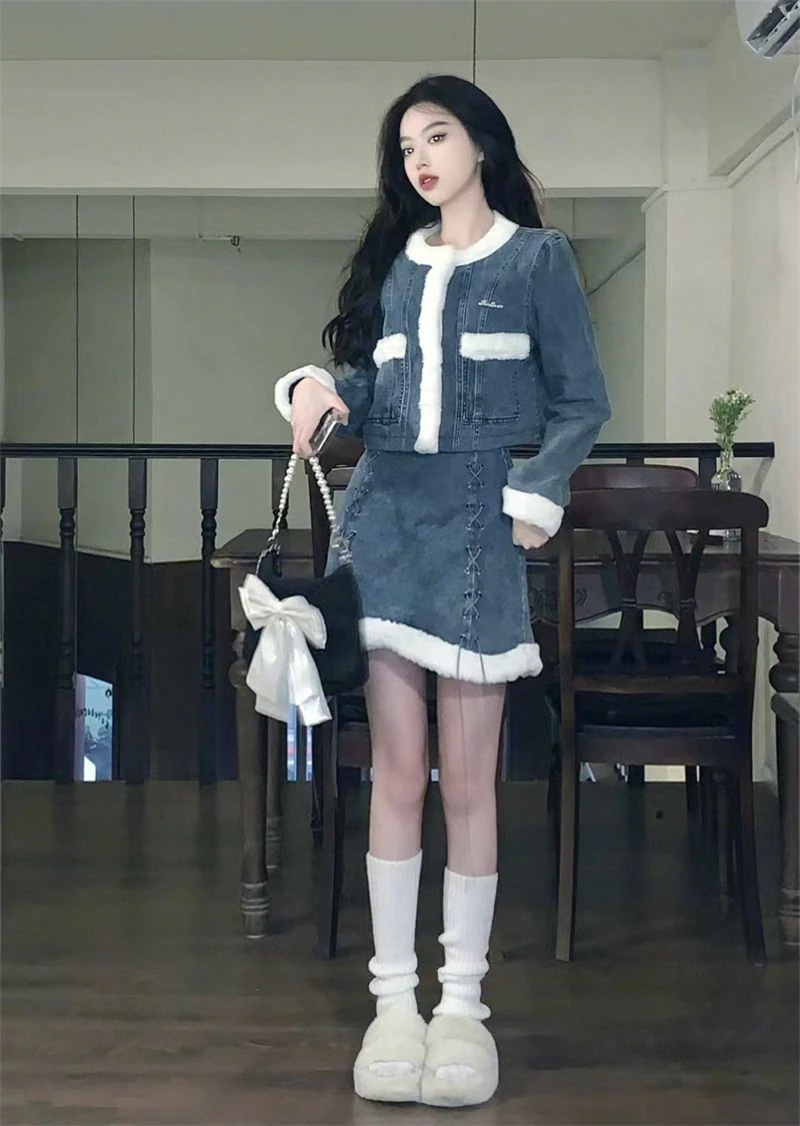 高級感 ファッション 秋冬 きれいめ セットアップ レディース デザイン ショート丈コート+デニムミニスカート 暖かい 高級感 ファッション 秋冬 きれいめ セットアップ レディース デザイン ショート丈コート+デニムミニスカート 暖かい