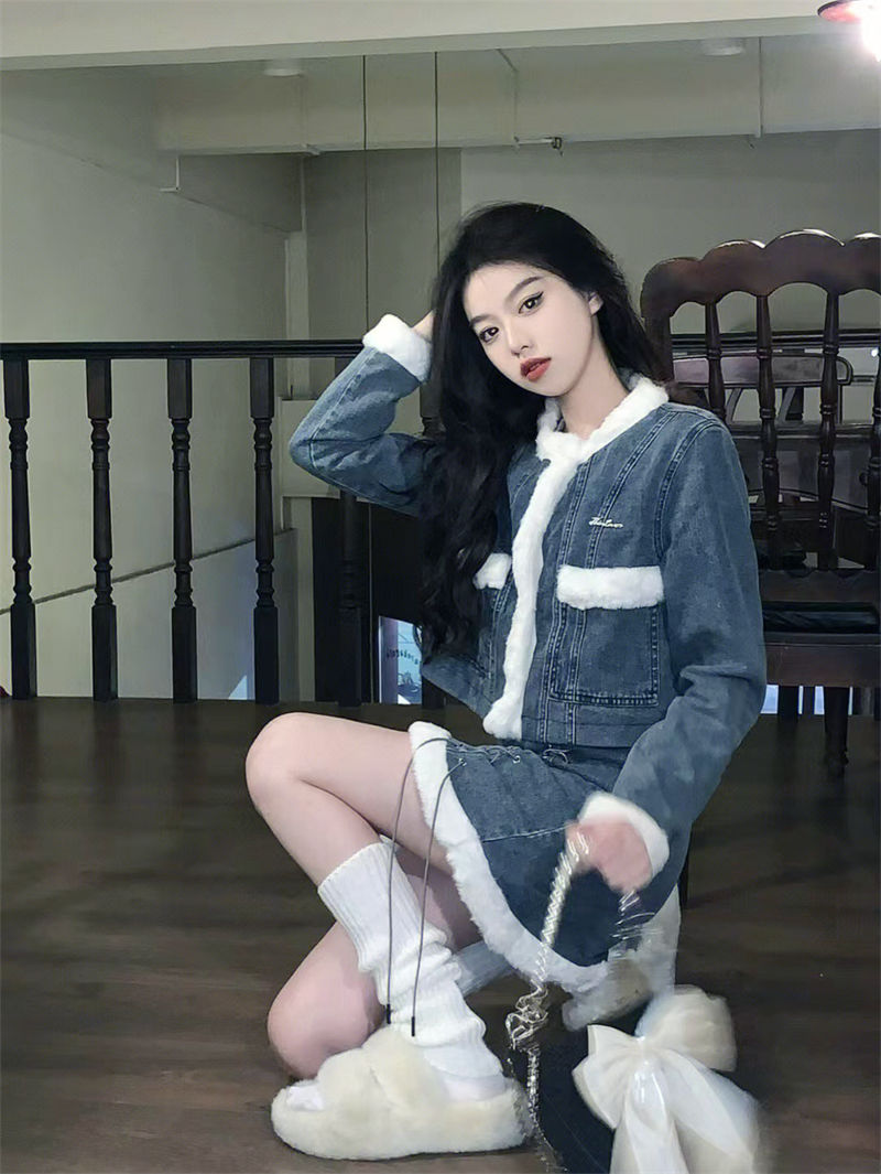 高級感 ファッション 秋冬 きれいめ セットアップ レディース デザイン ショート丈コート+デニムミニスカート 暖かい 高級感 ファッション 秋冬 きれいめ セットアップ レディース デザイン ショート丈コート+デニムミニスカート 暖かい