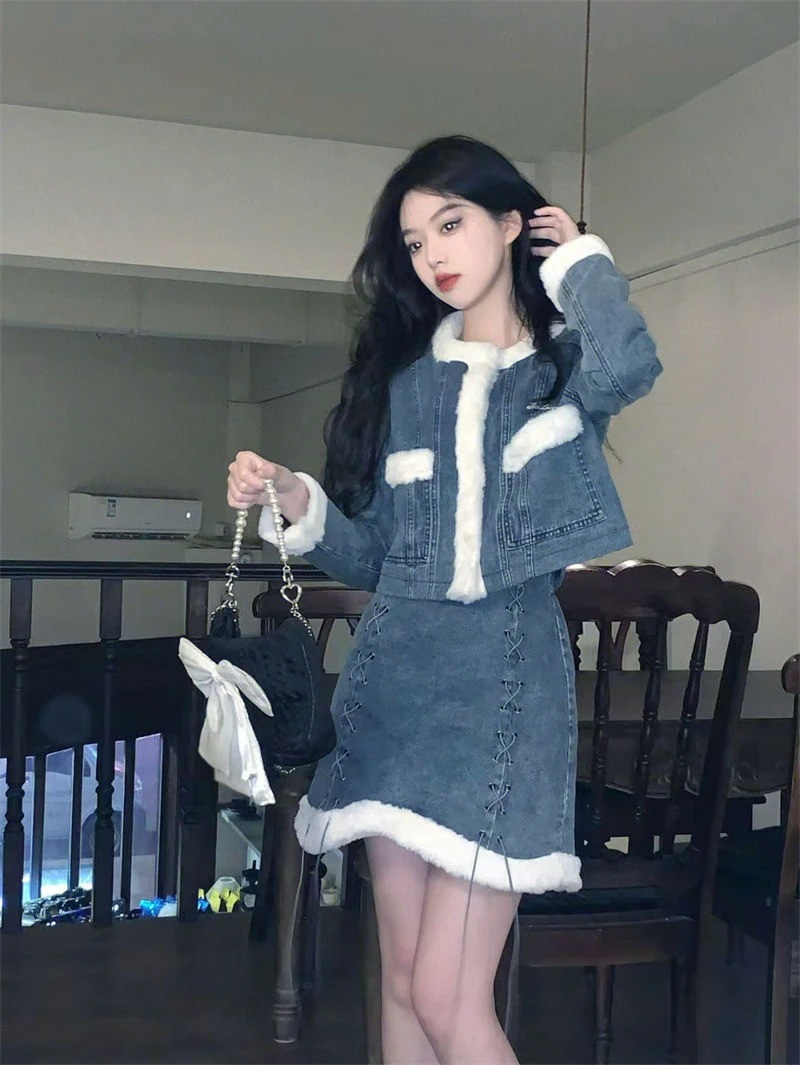 高級感 ファッション 秋冬 きれいめ セットアップ レディース デザイン ショート丈コート+デニムミニスカート 暖かい 高級感 ファッション 秋冬 きれいめ セットアップ レディース デザイン ショート丈コート+デニムミニスカート 暖かい