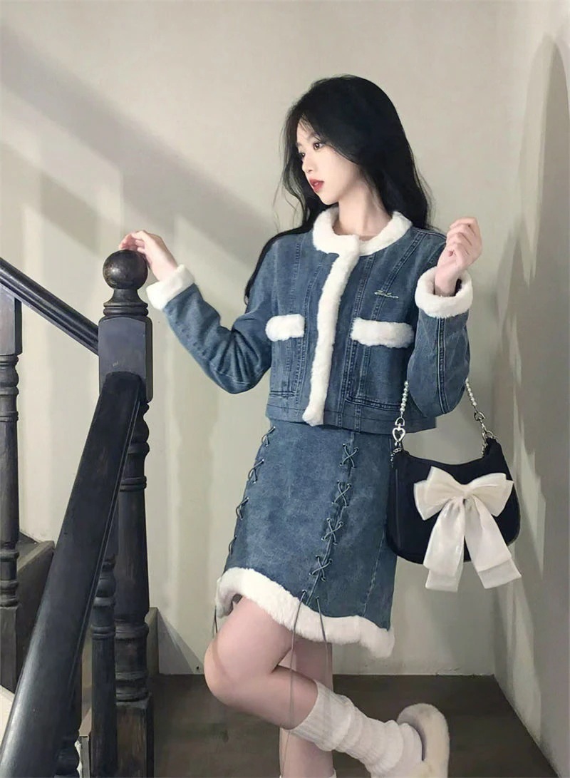 高級感 ファッション 秋冬 きれいめ セットアップ レディース デザイン ショート丈コート+デニムミニスカート 暖かい 高級感 ファッション 秋冬 きれいめ セットアップ レディース デザイン ショート丈コート+デニムミニスカート 暖かい