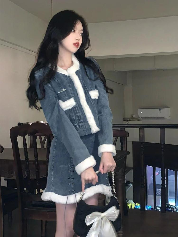 高級感 ファッション 秋冬 きれいめ セットアップ レディース デザイン ショート丈コート+デニムミニスカート 暖かい 高級感 ファッション 秋冬 きれいめ セットアップ レディース デザイン ショート丈コート+デニムミニスカート 暖かい