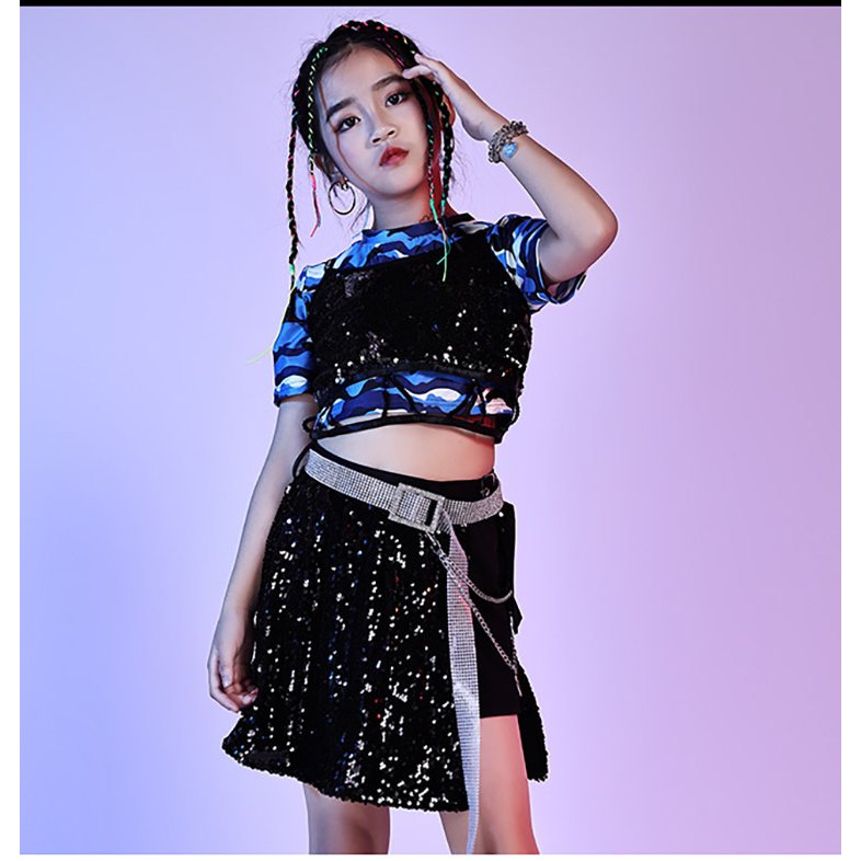 キッズダンス衣装 へそ出し スパンコール セットアップ 迷彩柄 半袖トップス キュロット ベスト キ