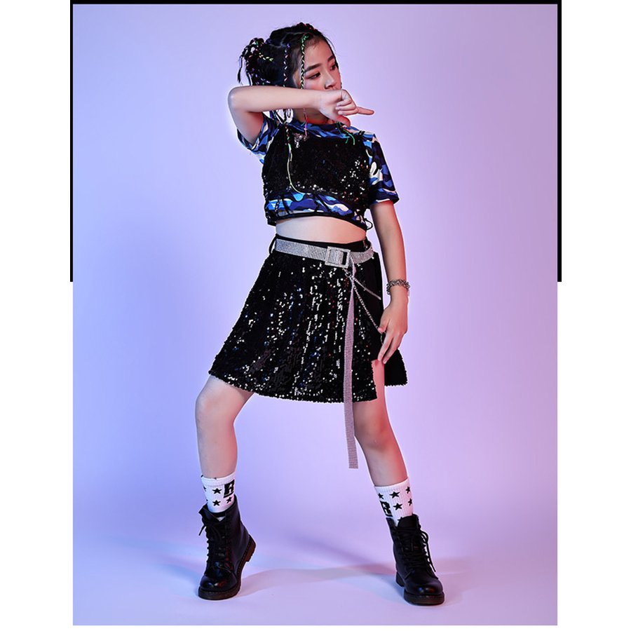 キッズダンス衣装 へそ出し スパンコール セットアップ 迷彩柄 半袖トップス キュロット ベスト キ