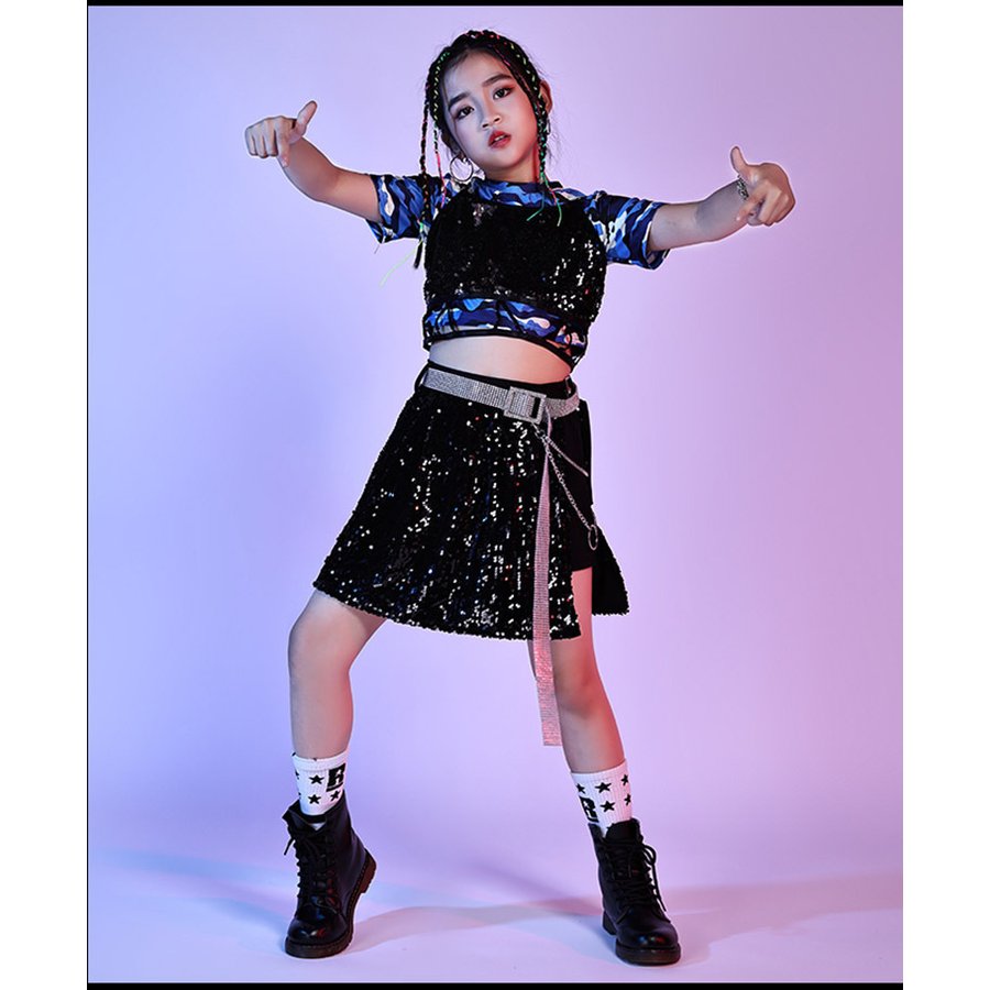 キッズダンス衣装 へそ出し スパンコール セットアップ 迷彩柄 半袖トップス キュロット ベスト キ