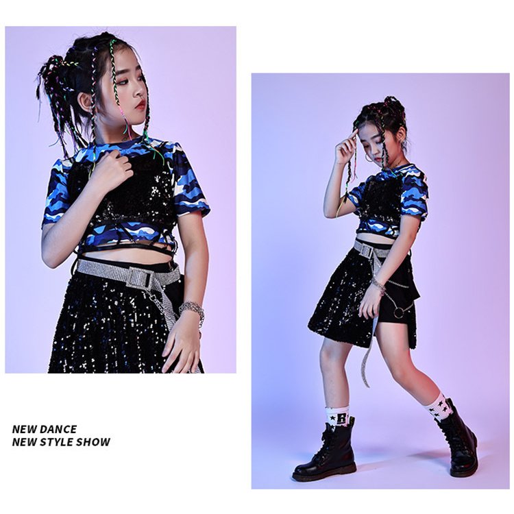 キッズダンス衣装 へそ出し スパンコール セットアップ 迷彩柄 半袖トップス キュロット ベスト キ