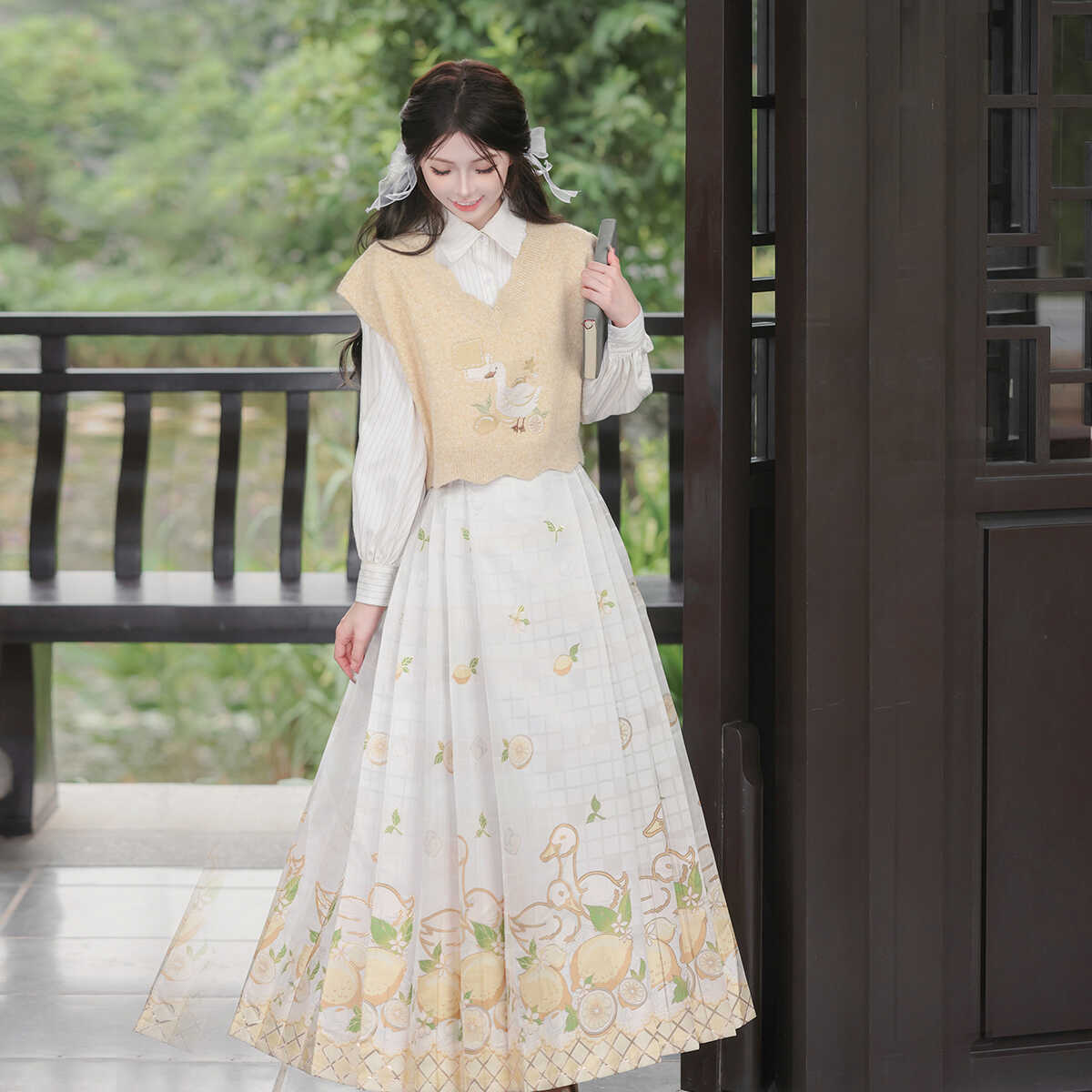 【フルセット】レモンカモアヒル新韓国シャツ馬面スカート可愛いニットチョッキセットレディース mulan778.net