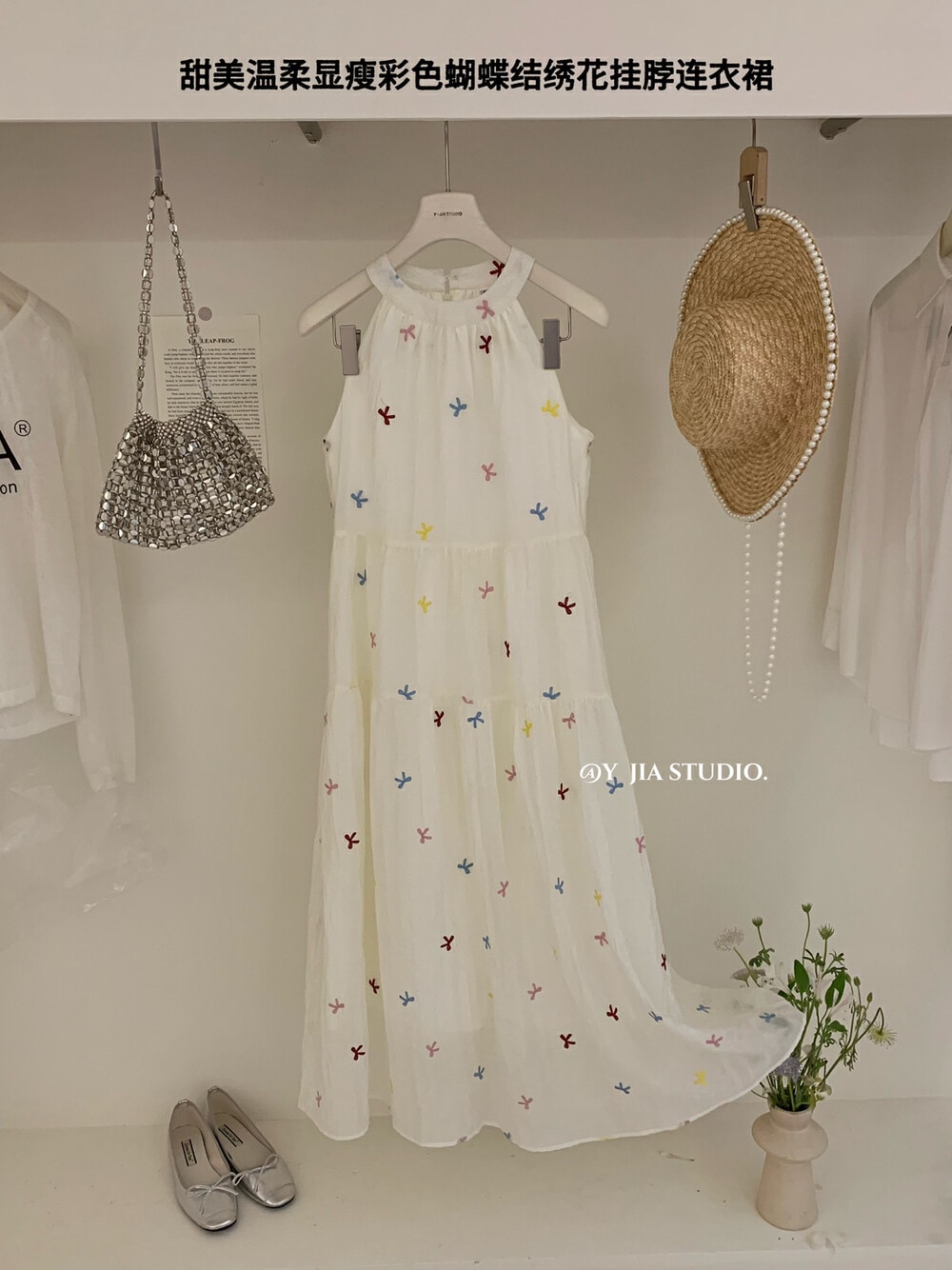 Y.jia甘くて優しいスリムな弓の刺繍ホルターネックシフォンドレス春と夏の妖精のスカート Y.jia甘くて優しいスリムな弓の刺繍ホルターネックシフォンドレス春と夏の妖精のスカート