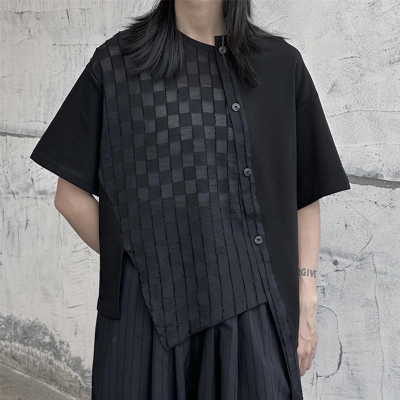 チェック柄不規則丸首tシャツab両面用ゆるい夏半袖ティーシャツ