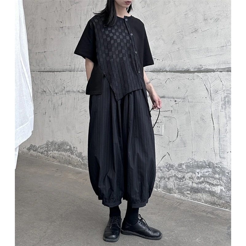 チェック柄不規則丸首tシャツab両面用ゆるい夏半袖ティーシャツ