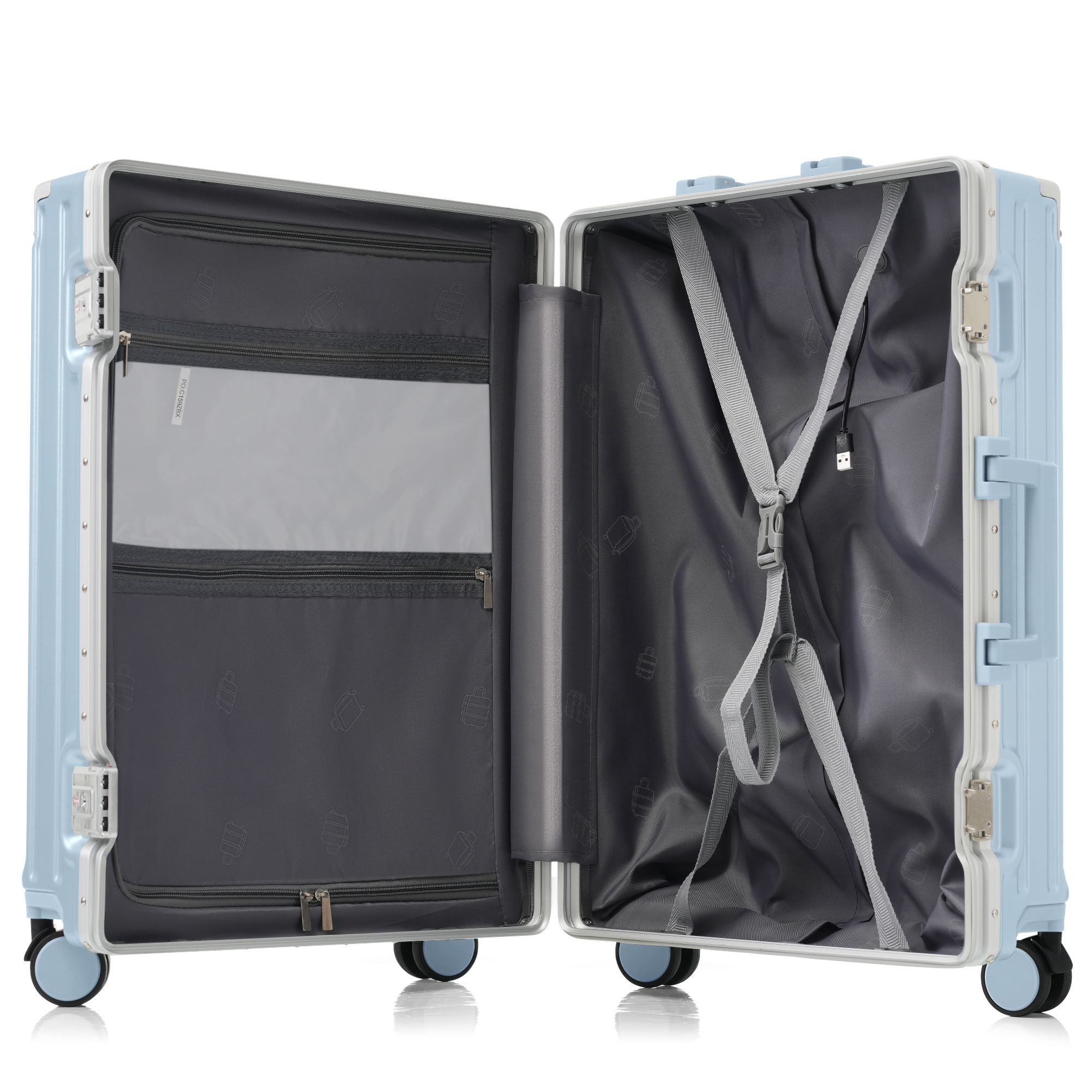 【2枚購入で100円OFF】スーツケース キャリーケース キャリーバッグ Lサイズ フレームタイプ アルミ USBポート付き カップホルダー フック式底足 リンクホルダー 軽量 おしゃれ 電車 静音