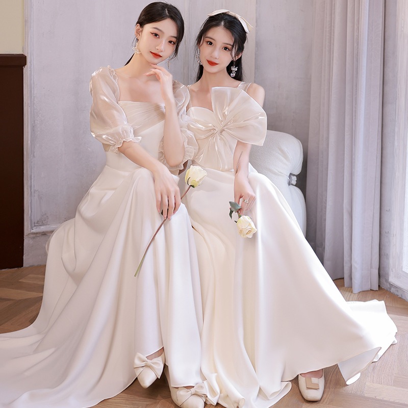 韓国かわいいレディースパーティードレス結婚式 お呼ばれワンピースドレス グレー ロングドレス