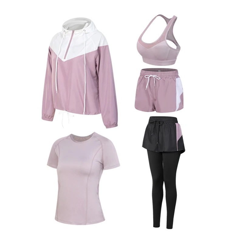 レディース ホット セットアップダイエットウェア ヨガパンツ ジャージ タンクトップ 】ヨガウェア上下セット トップス 春夏 運動ズボン 半袖ショーツ 【 長袖 レギンス 5点セット 速乾