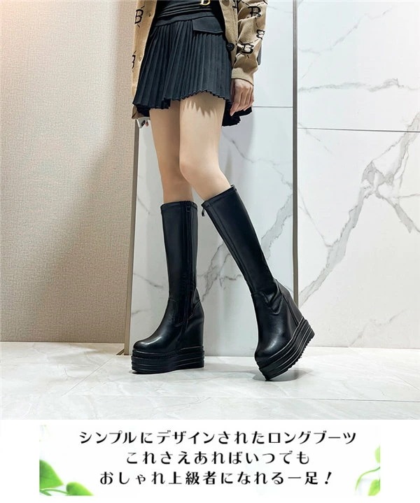 厚底 ブーツ ロングブーツ 太ヒール インヒール6cm 黒 美脚 スムース コスプレ レディース シューズ 靴 秋 冬 春 20代 30代 22.0/22.5/23.0/23.5/24.0/24.5