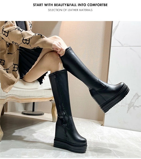 厚底 ブーツ ロングブーツ 太ヒール インヒール6cm 黒 美脚 スムース コスプレ レディース シューズ 靴 秋 冬 春 20代 30代 22.0/22.5/23.0/23.5/24.0/24.5
