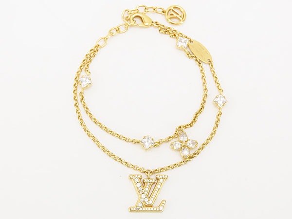 レア美品ルイヴィトンブレスレットレディLVラインストーンダブルチェーンゴールドM1582A