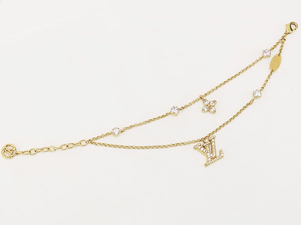 レア美品ルイヴィトンブレスレットレディLVラインストーンダブルチェーンゴールドM1582A