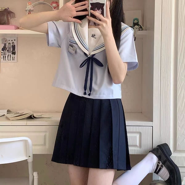 日系セーラー服セット学院風セーラー服半袖シャツ女性百パートナーjkユニフォーム2点セット