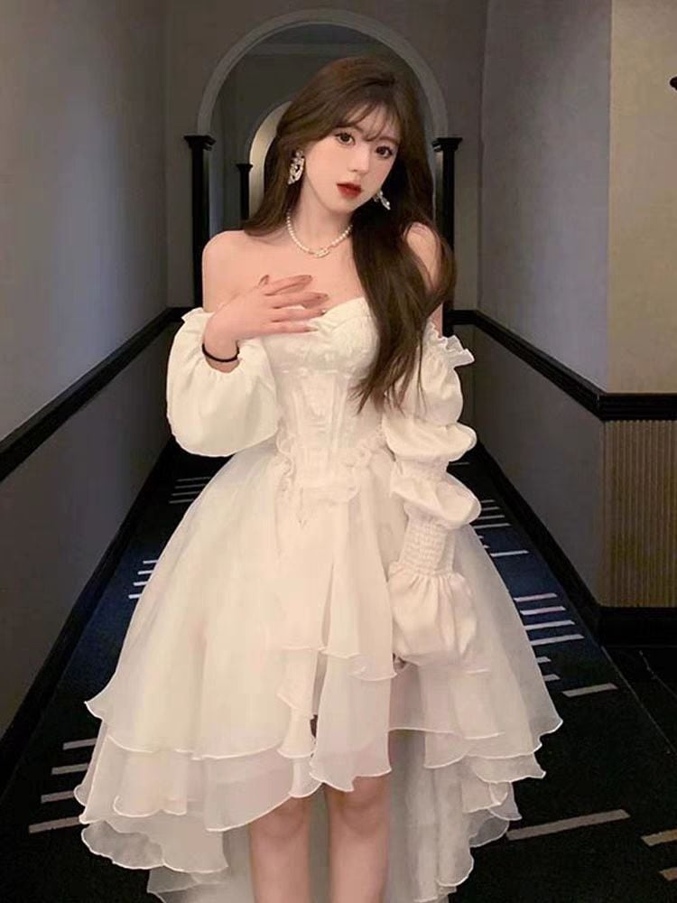 ガウンの気質ハイエンドワンラインドレスウエストスリムで甘いプリンセスワンピースドレスドレス ガウンの気質ハイエンドワンラインドレスウエストスリムで甘いプリンセスワンピースドレスドレス