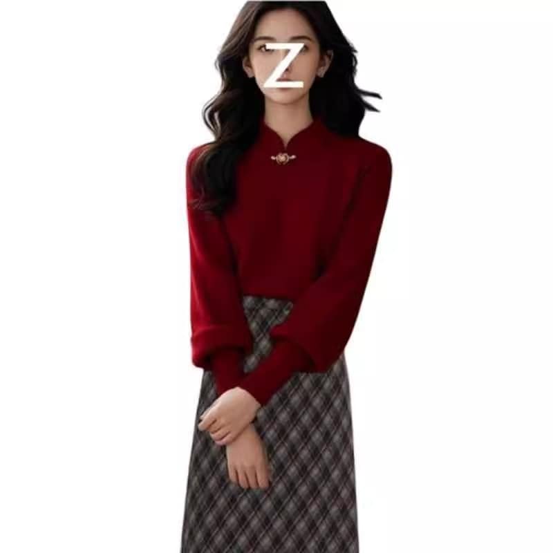 春秋の高級感は年齢を減らして着る女性の新しいモデルの小さい衆赤い新しい中国式ニットセーターの半身スカートの2件のスーツです 春秋の高級感は年齢を減らして着る女性の新しいモデルの小さい衆赤い新しい中国式ニットセーターの半身スカートの2件のスーツです