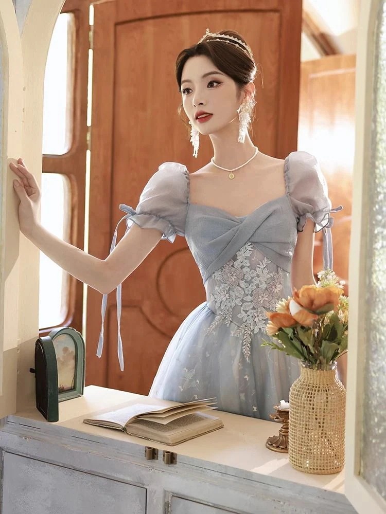 冬のワンピースドレス ブルーのタキシードスカート宴会フレンチの贅沢な高級感ワンピース