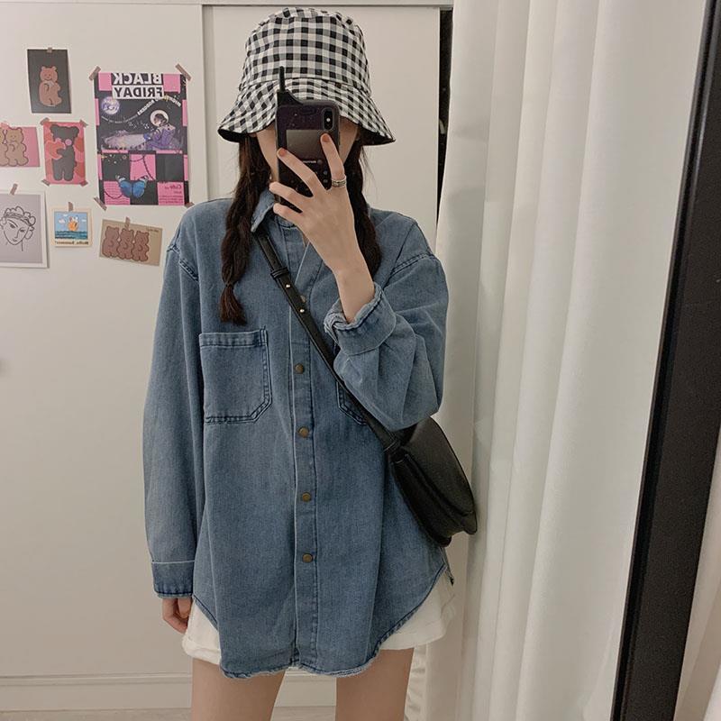 ファッション韓国シャツドレープ感着痩コーデに役立つ デニムジャケット デニムシャツ レース設計 クラシック