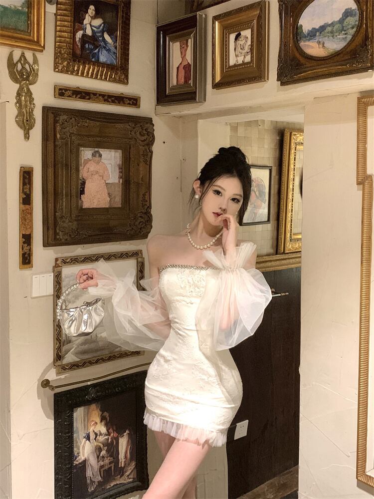 ワンピース ドレス レディース ミニ ショート ランタンスリーブ ワンショルダー ペプラム チュール フリル 透け感 シースルー かわいい 大人可愛い きれいめ シンプル 上品 レトロ こなれ感 ガー