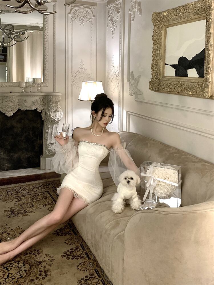 ワンピース ドレス レディース ミニ ショート ランタンスリーブ ワンショルダー ペプラム チュール フリル 透け感 シースルー かわいい 大人可愛い きれいめ シンプル 上品 レトロ こなれ感 ガー