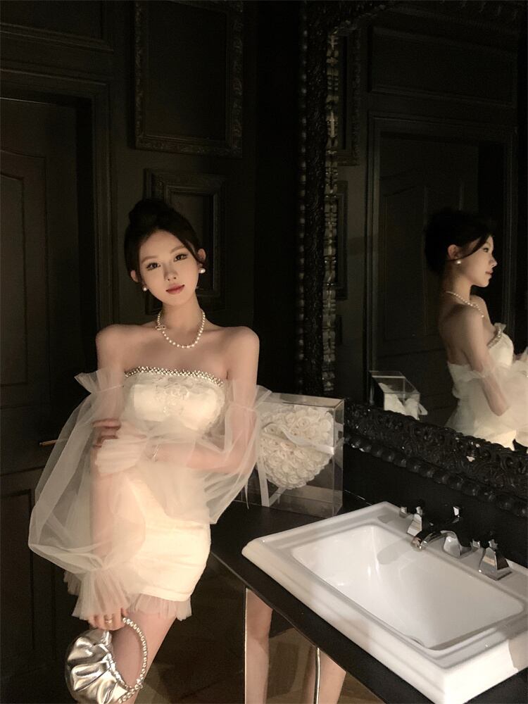 ワンピース ドレス レディース ミニ ショート ランタンスリーブ ワンショルダー ペプラム チュール フリル 透け感 シースルー かわいい 大人可愛い きれいめ シンプル 上品 レトロ こなれ感 ガー