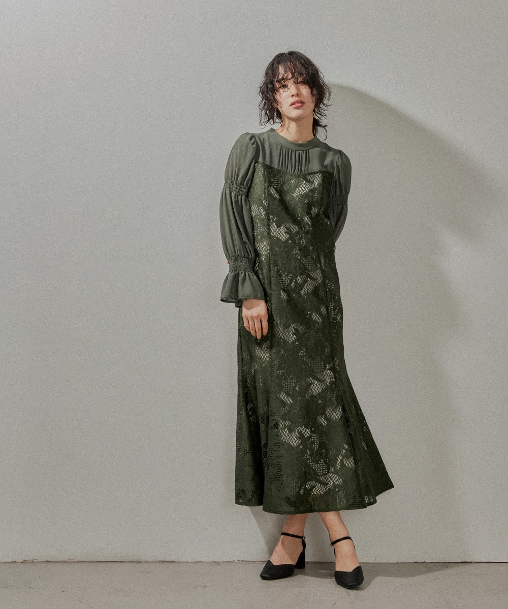 レースシフォンマーメイドドレス パーティードレス 結婚式 ワンピース 総レース 花柄 シアー 切り替え キャンディ袖 フレア お呼ばれ パーティー 二次会 披露宴 謝恩会 成人式 同窓会 卒業式