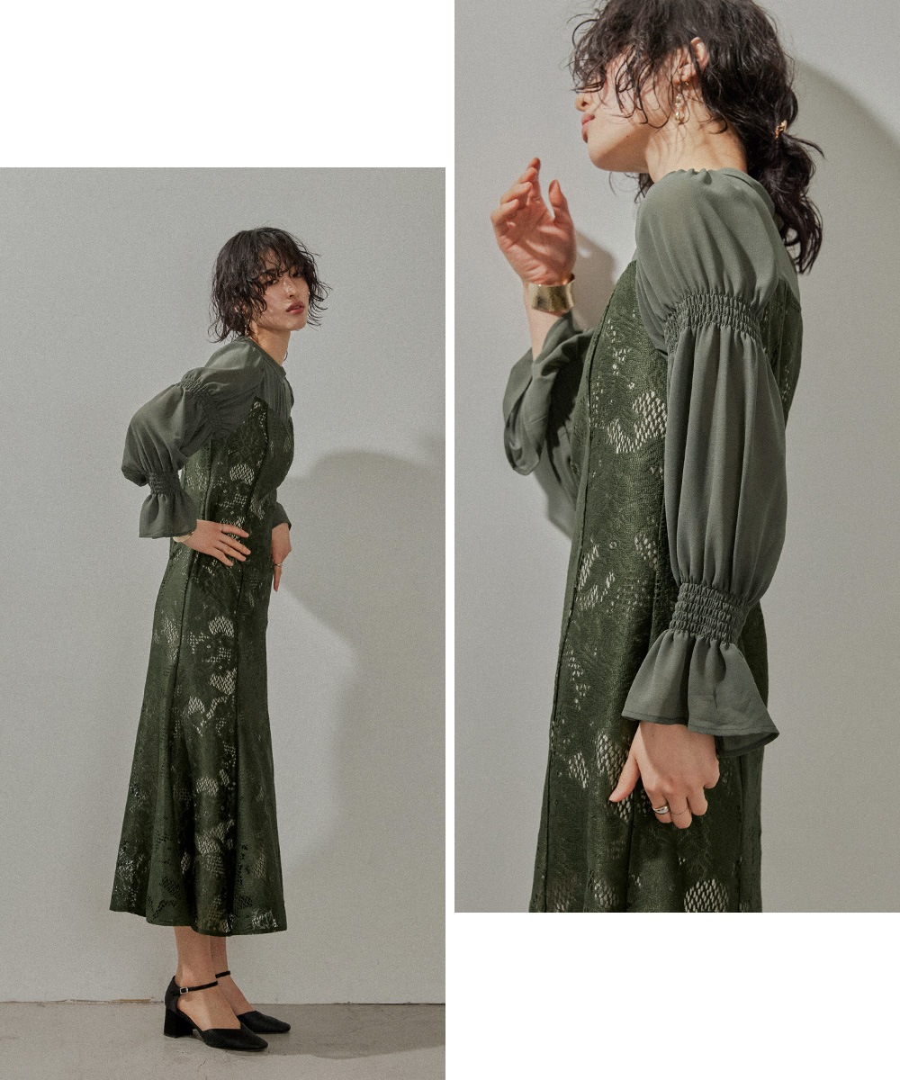 レースシフォンマーメイドドレス パーティードレス 結婚式 ワンピース 総レース 花柄 シアー 切り替え キャンディ袖 フレア お呼ばれ パーティー 二次会 披露宴 謝恩会 成人式 同窓会 卒業式