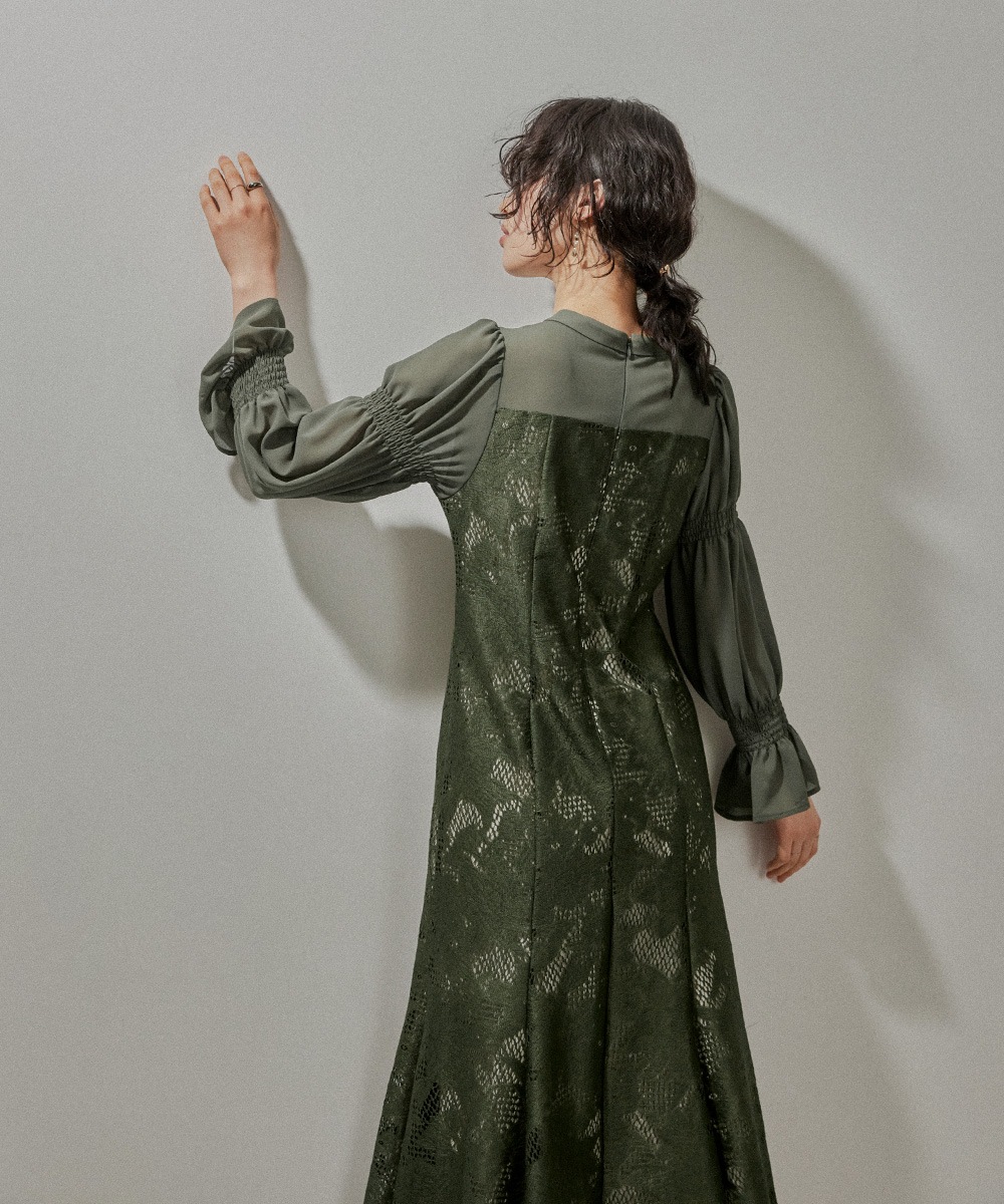 レースシフォンマーメイドドレス パーティードレス 結婚式 ワンピース 総レース 花柄 シアー 切り替え キャンディ袖 フレア お呼ばれ パーティー 二次会 披露宴 謝恩会 成人式 同窓会 卒業式