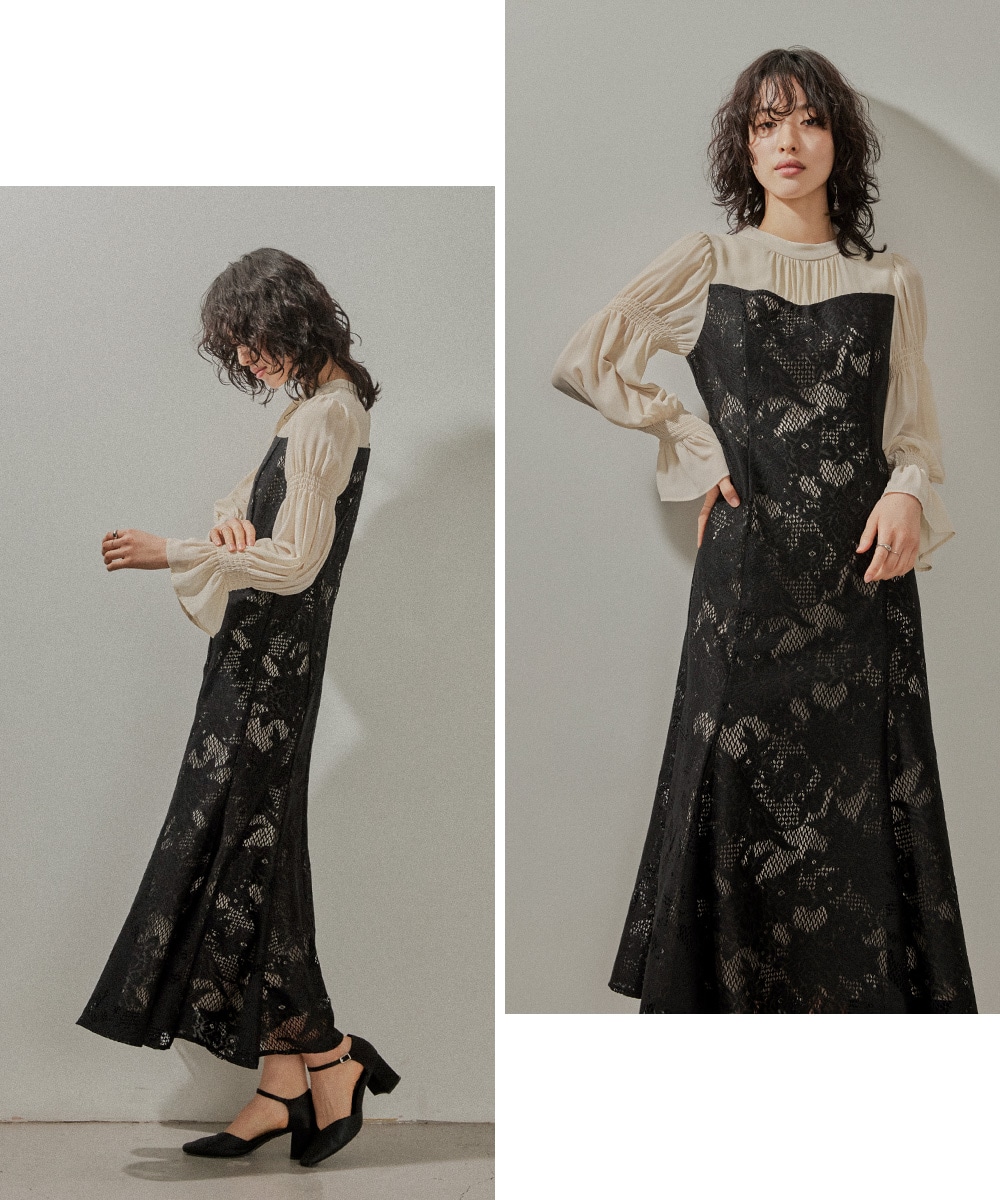 レースシフォンマーメイドドレス パーティードレス 結婚式 ワンピース 総レース 花柄 シアー 切り替え キャンディ袖 フレア お呼ばれ パーティー 二次会 披露宴 謝恩会 成人式 同窓会 卒業式