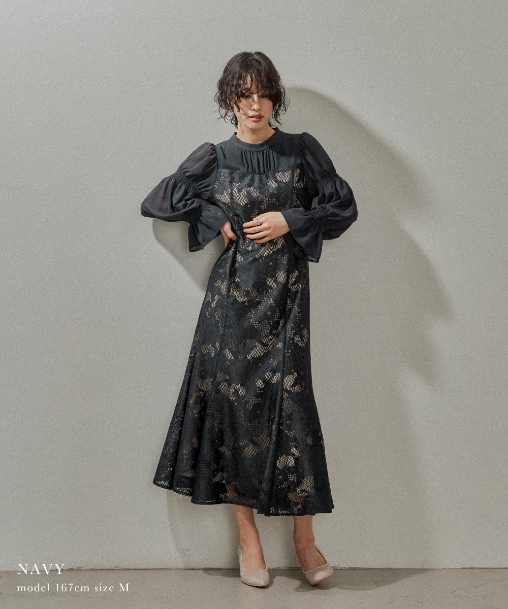 レースシフォンマーメイドドレス パーティードレス 結婚式 ワンピース 総レース 花柄 シアー 切り替え キャンディ袖 フレア お呼ばれ パーティー 二次会 披露宴 謝恩会 成人式 同窓会 卒業式