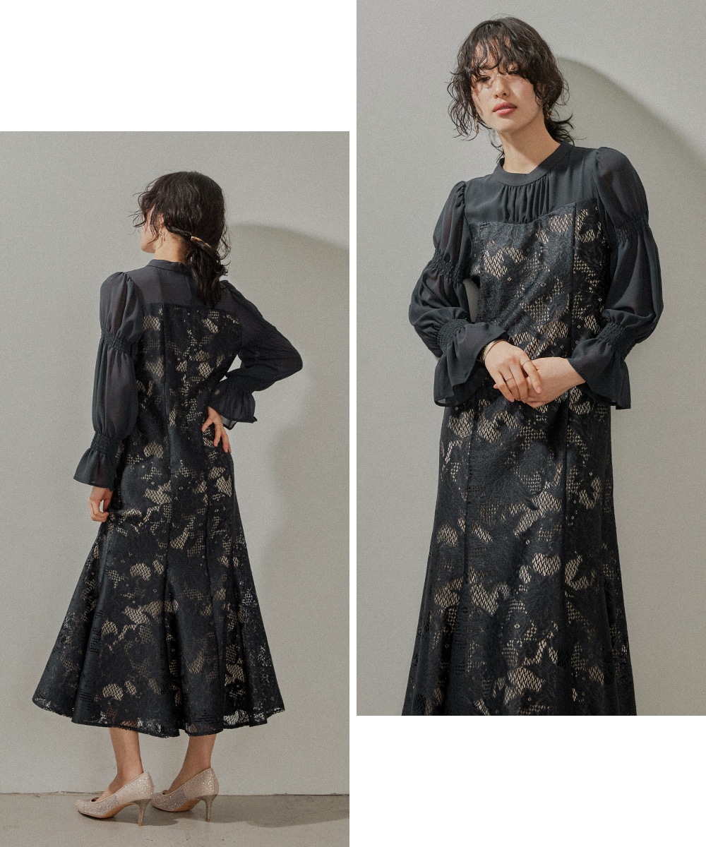 レースシフォンマーメイドドレス パーティードレス 結婚式 ワンピース 総レース 花柄 シアー 切り替え キャンディ袖 フレア お呼ばれ パーティー 二次会 披露宴 謝恩会 成人式 同窓会 卒業式