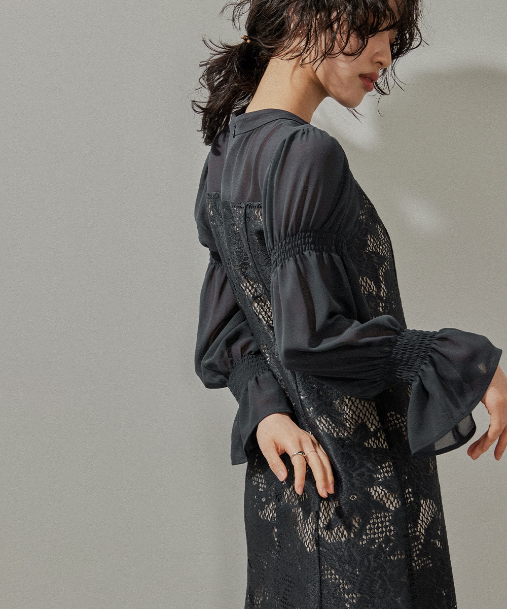 レースシフォンマーメイドドレス パーティードレス 結婚式 ワンピース 総レース 花柄 シアー 切り替え キャンディ袖 フレア お呼ばれ パーティー 二次会 披露宴 謝恩会 成人式 同窓会 卒業式