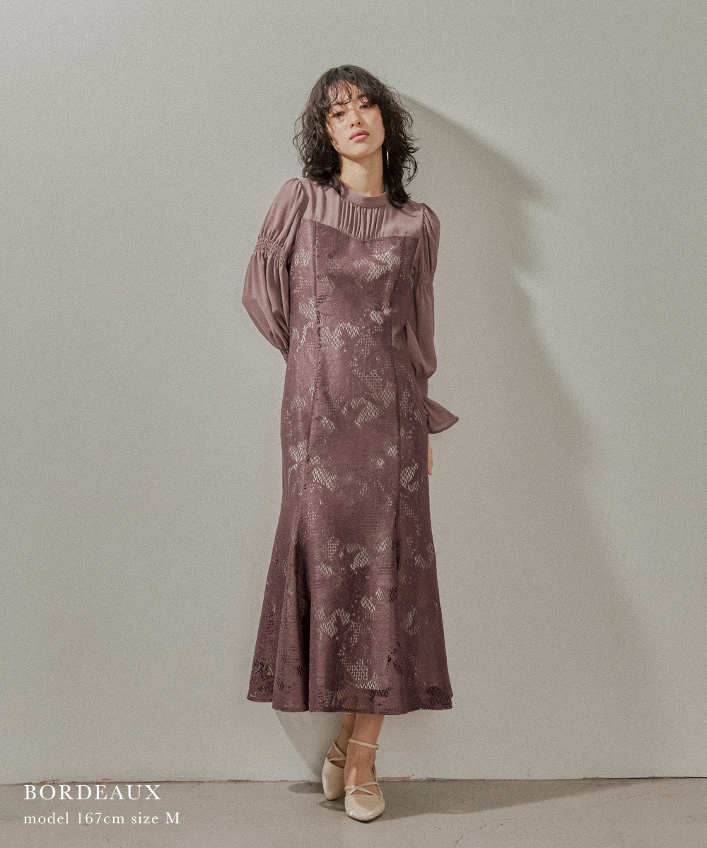 レースシフォンマーメイドドレス パーティードレス 結婚式 ワンピース 総レース 花柄 シアー 切り替え キャンディ袖 フレア お呼ばれ パーティー 二次会 披露宴 謝恩会 成人式 同窓会 卒業式