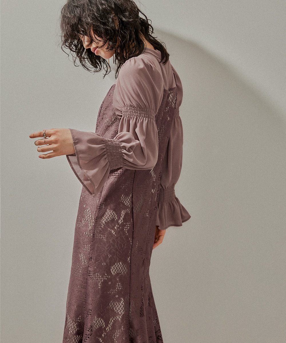 レースシフォンマーメイドドレス パーティードレス 結婚式 ワンピース 総レース 花柄 シアー 切り替え キャンディ袖 フレア お呼ばれ パーティー 二次会 披露宴 謝恩会 成人式 同窓会 卒業式