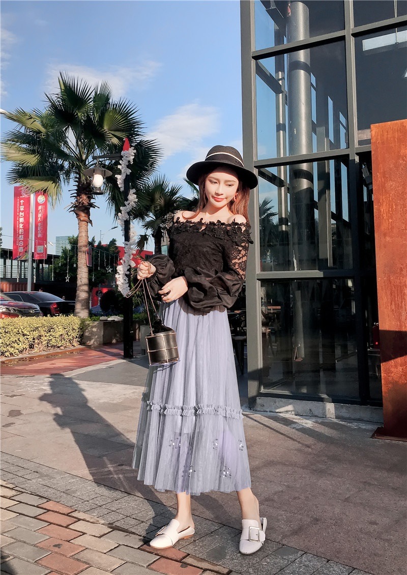 3111.ロング丈 ウエストゴムチュールスカート(ライトグレー) 3111.ロング丈 ウエストゴムチュールスカート(ライトグレー)